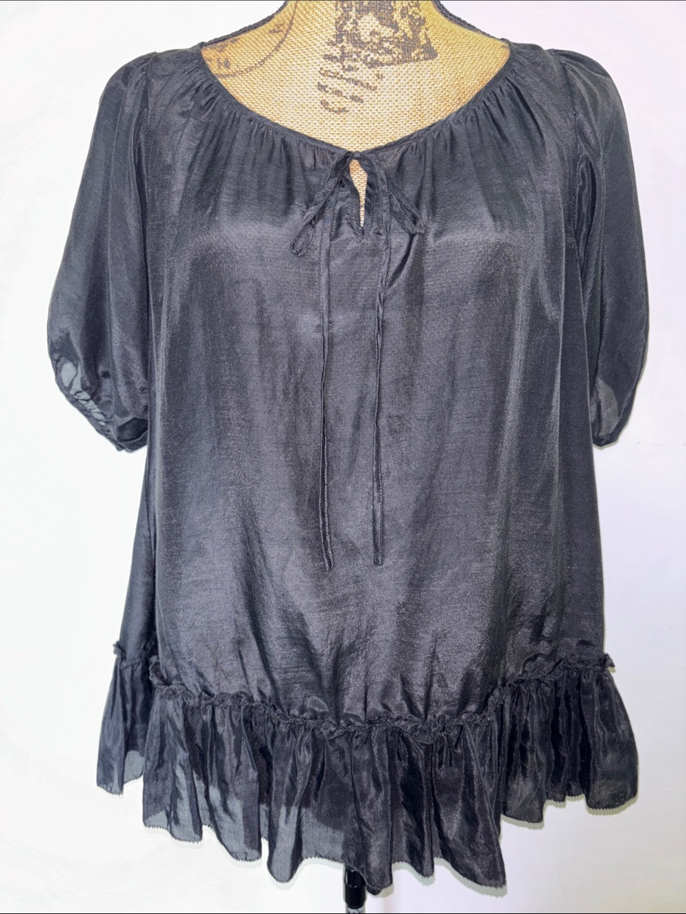 GAP Sz XS Black Peasant Tie-Neck Ruffle Hem short Sleeve Blouse